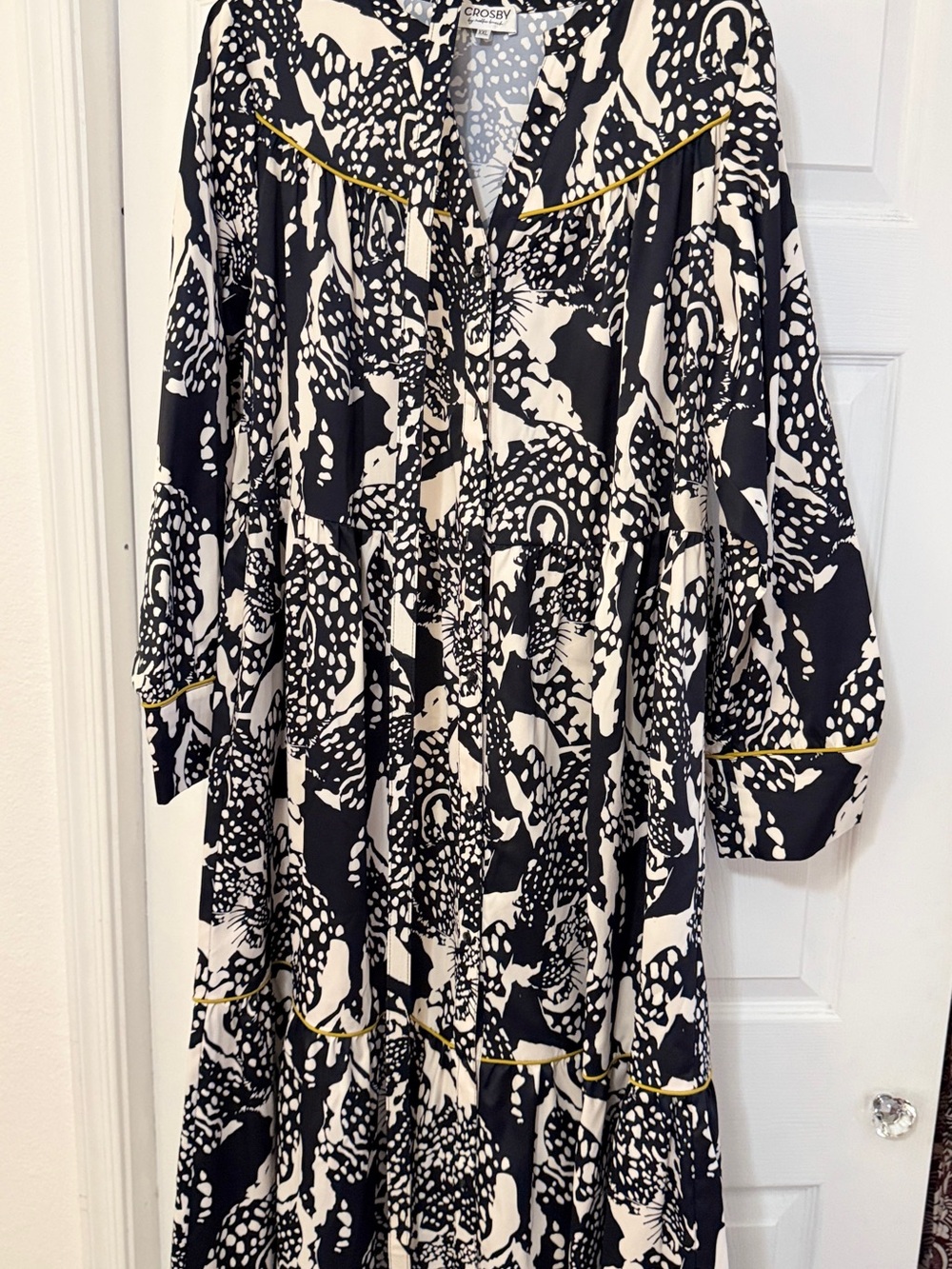 CROSBY by Mollie Burch Black & Cream Printed Tiered Maxi Dress with Yellow Trim